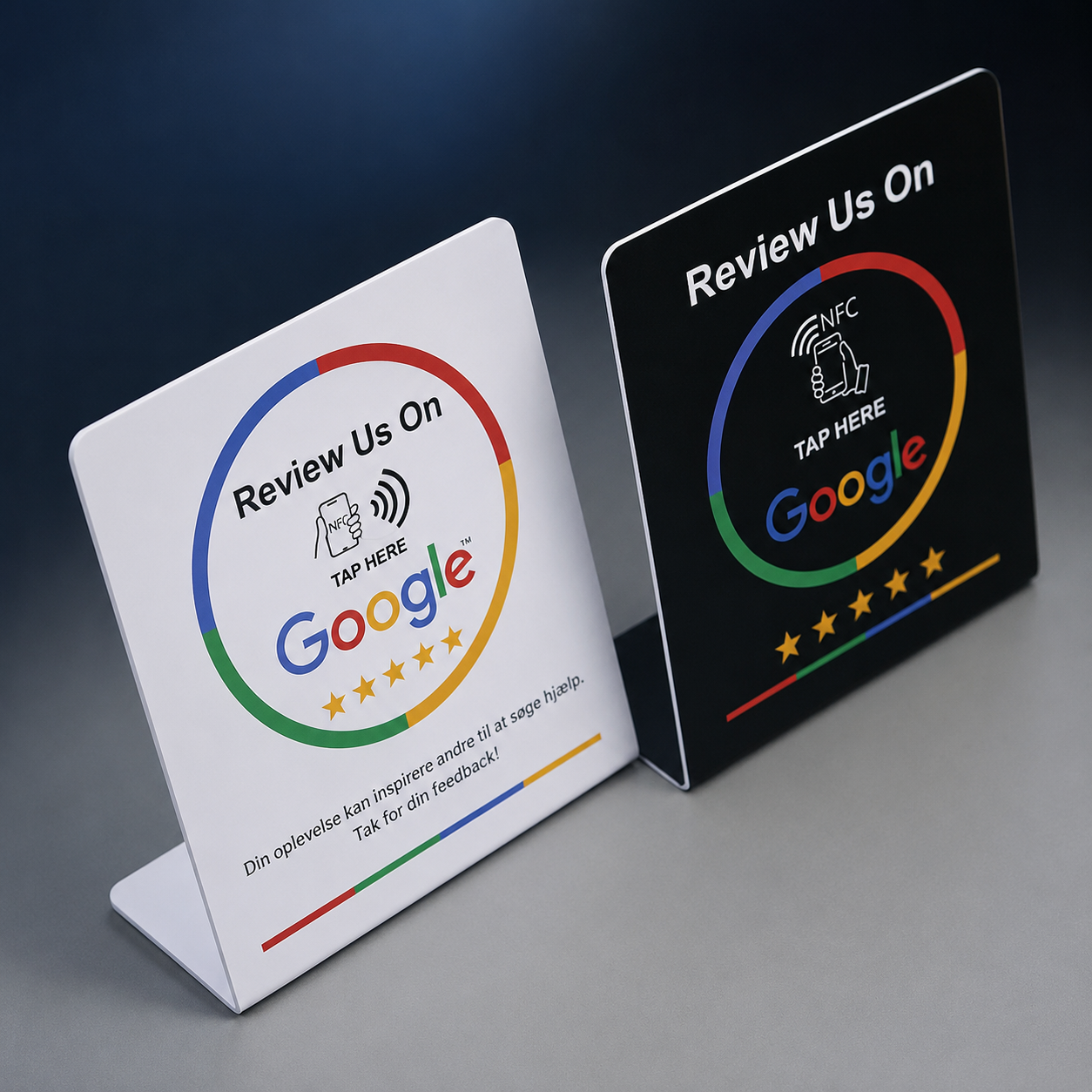 Black and white RatingsRush NFC Review Us On Google table stands